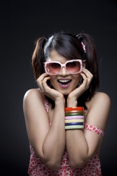 surprised teenager in pigtails