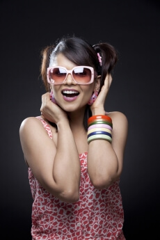 cheerful teenager with pigtails,