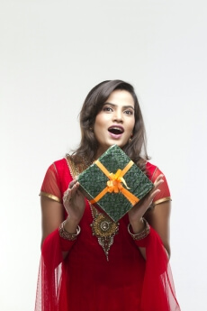 surprised woman with a gift