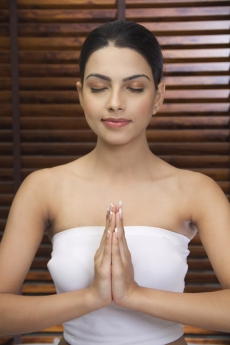 girl posing in namaskar mudra