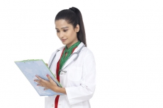 young doctor jotting down something on cardboard 