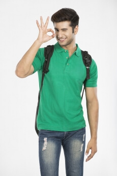 college boy gesturing while posing for the camera 