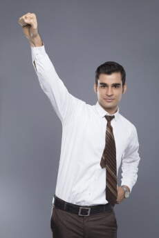 man pointing fist in air 