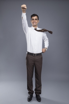 man pointing fist in air 