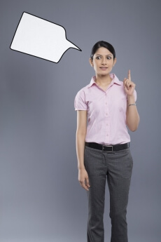 professionally dressed woman with a thought box