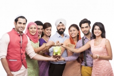 people from all religions with piggy bank