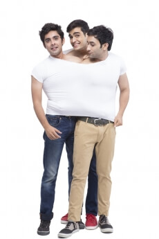 three guys wearing one vest 