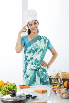 indian housewife pointing at her brain