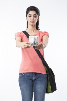 college girl sad with less saving