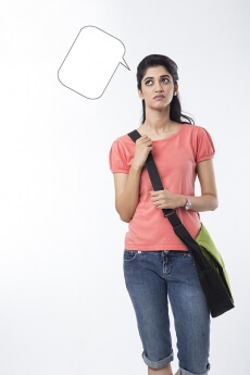 college girl with a dialogue box