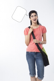 college girl with a dialogue box