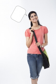college girl with a dialogue box