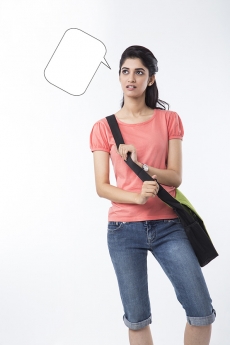 college girl with a dialogue box