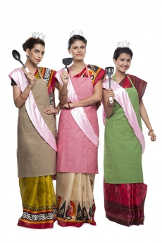 women wearing apron with kitchen utensils