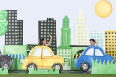 couple driving car and saying bye