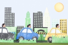 Three Girls waving hands while driving cardboard cars