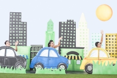 Three Girls waving hands while driving cardboard cars